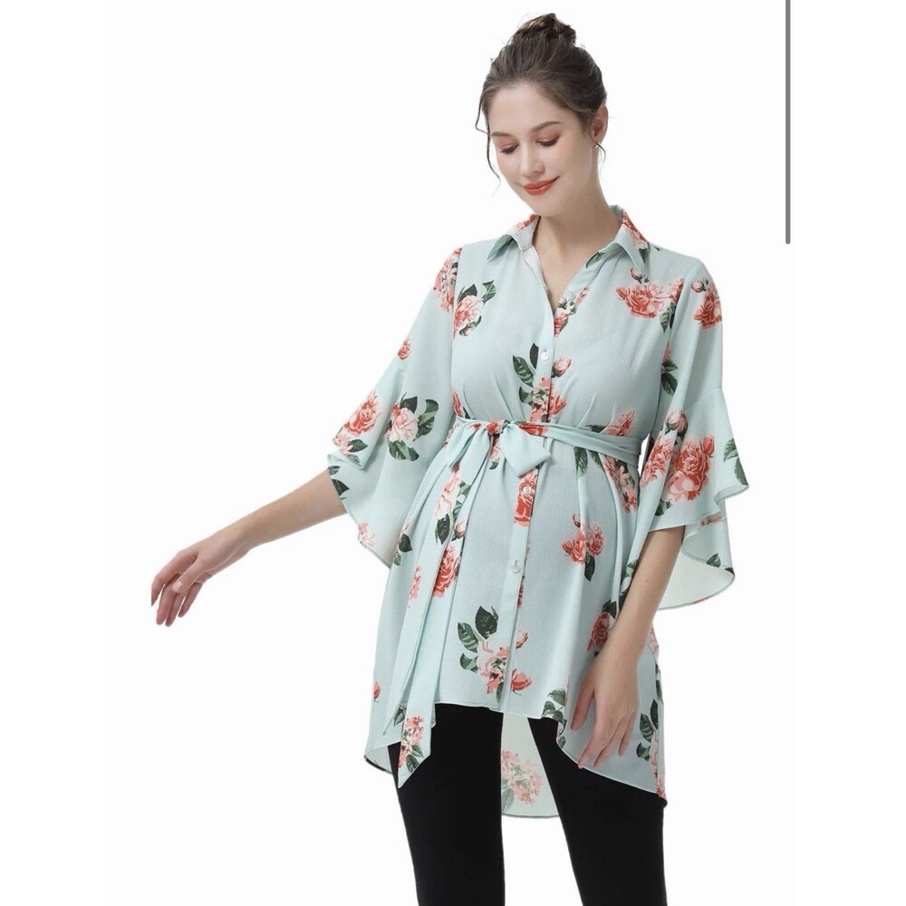 Kimi + Kai Floral Maternity Blouse Size M Mint Green Ruffle Bell Sleeve Belted